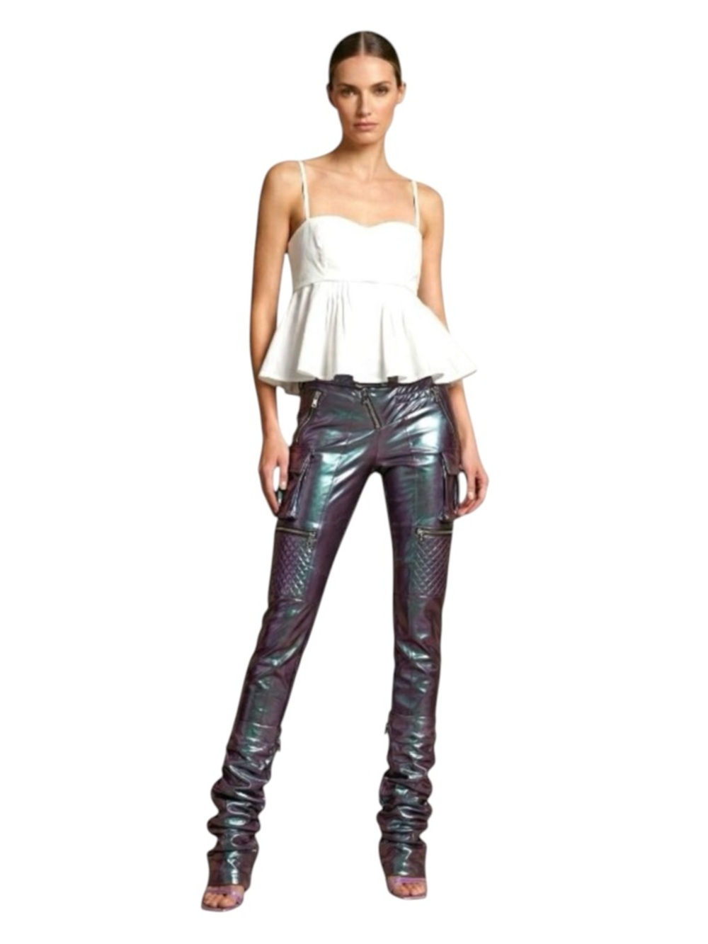 LaQuan Smith Quilted Iridescent Vinyl Moto Pants - Size XS - $2100 Retail.  NWT